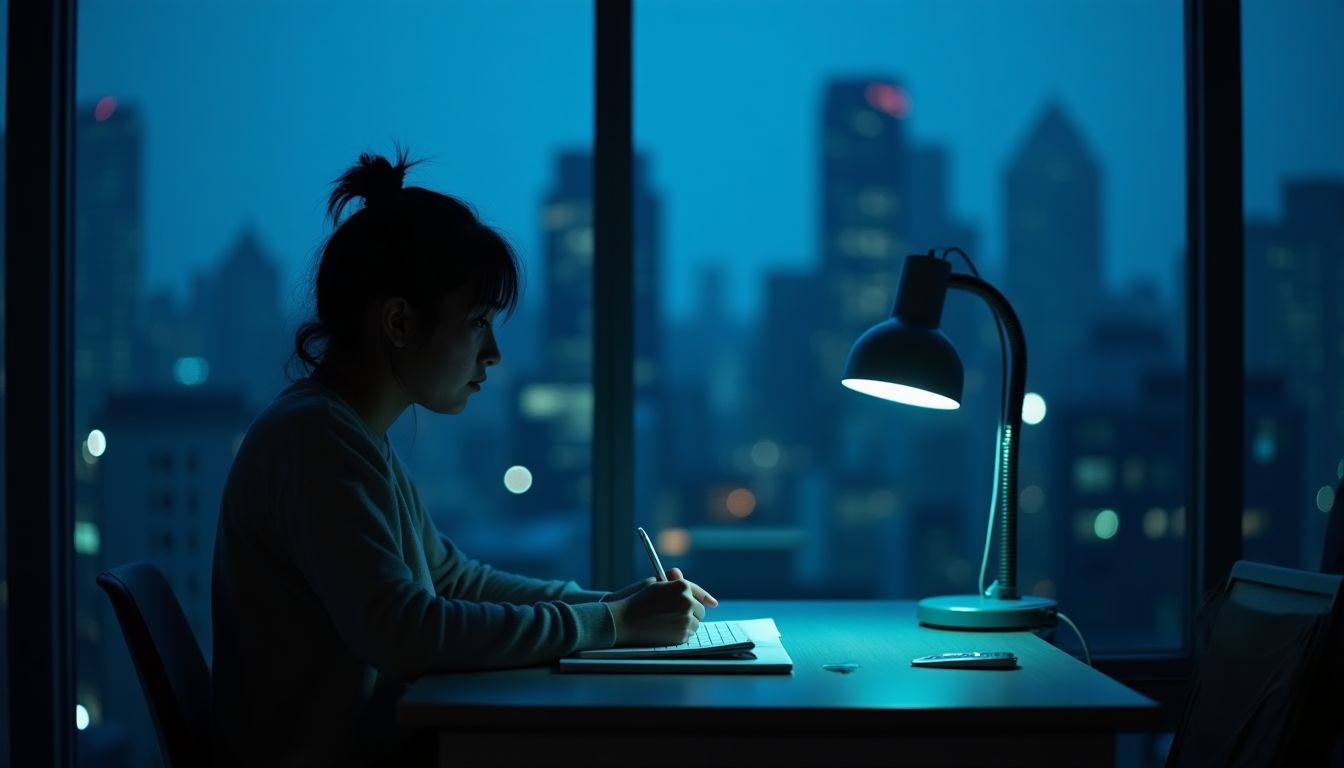 A student at a desk by a window at blue hour with a cyan lamp — focus and motivation help