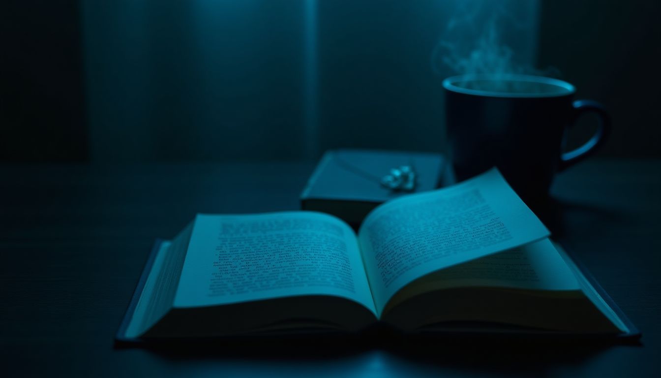 An open book with a soft cyan glow on a dark table — reading and confidence guide