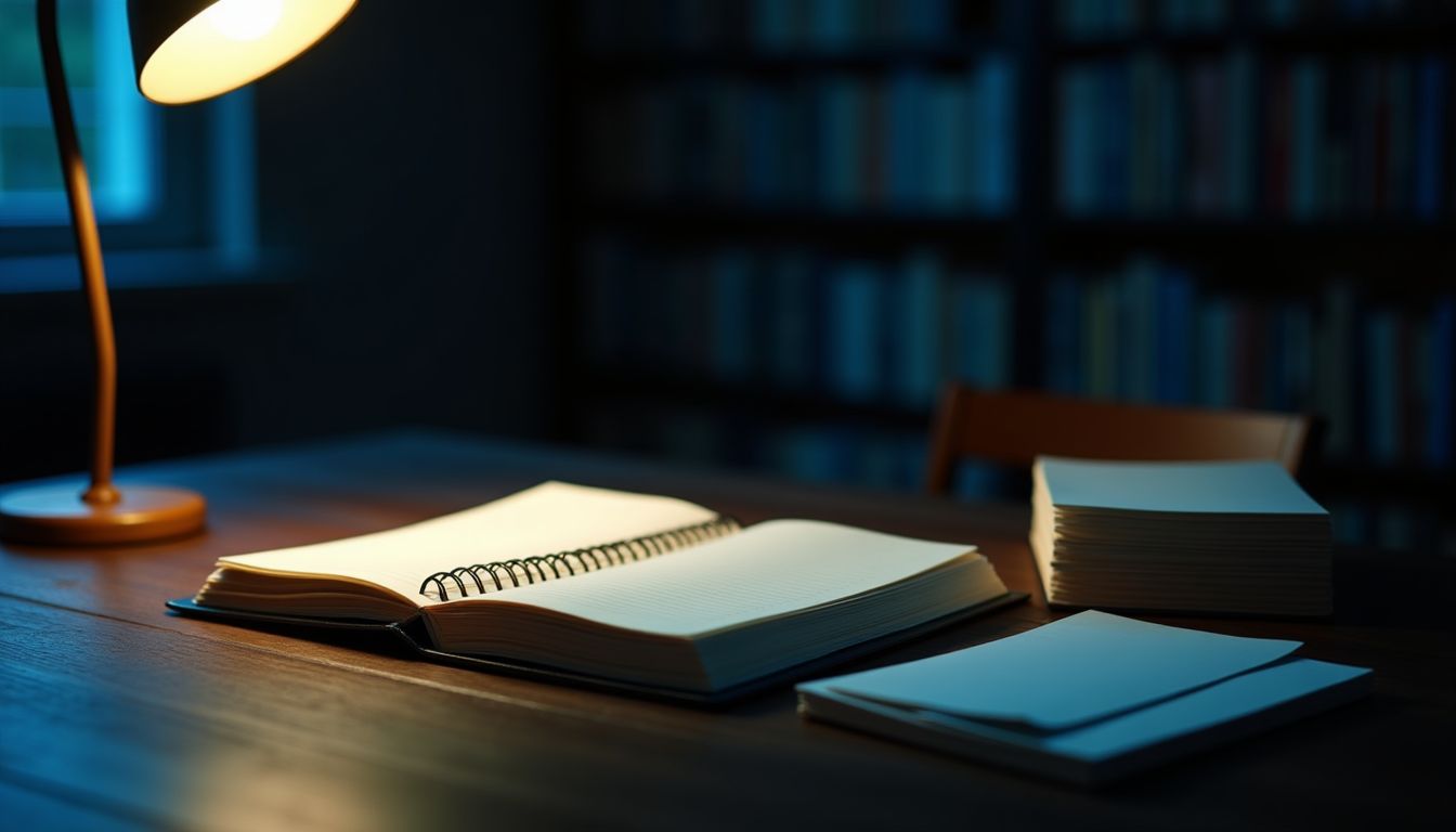 An open planner and flashcards on a dark desk lit in cyan β study skills guide